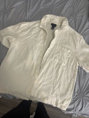 Cream textured Short Sleeve Button-Up Shirt